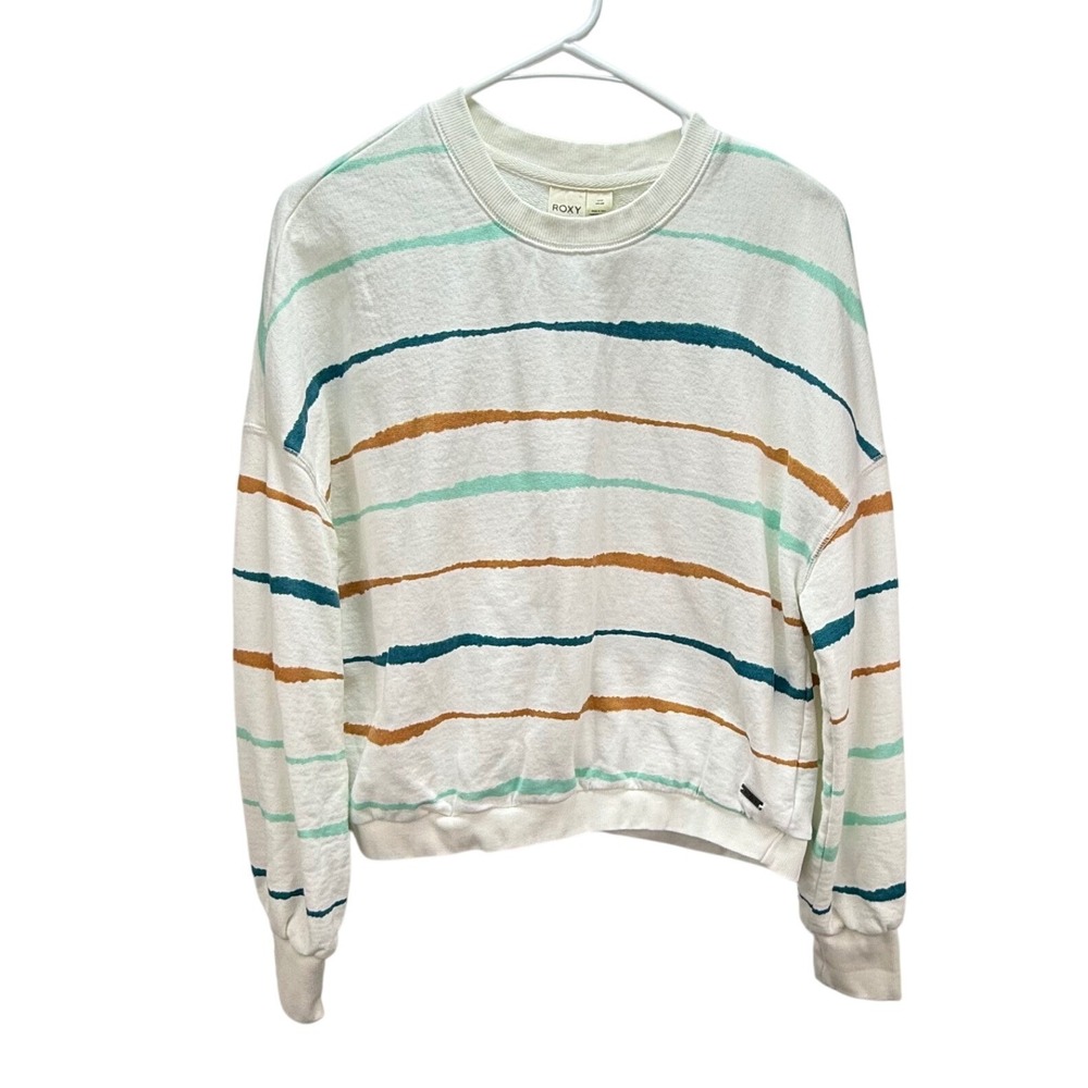 Roxy Sweatshirt L Large White Teal Striped Cotton French Terry Crewneck Pullover